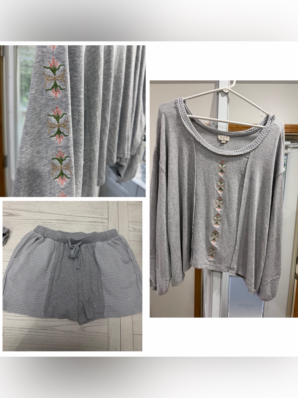 POL Cozy Embroidered Gray Lounge Top and Shorts Set